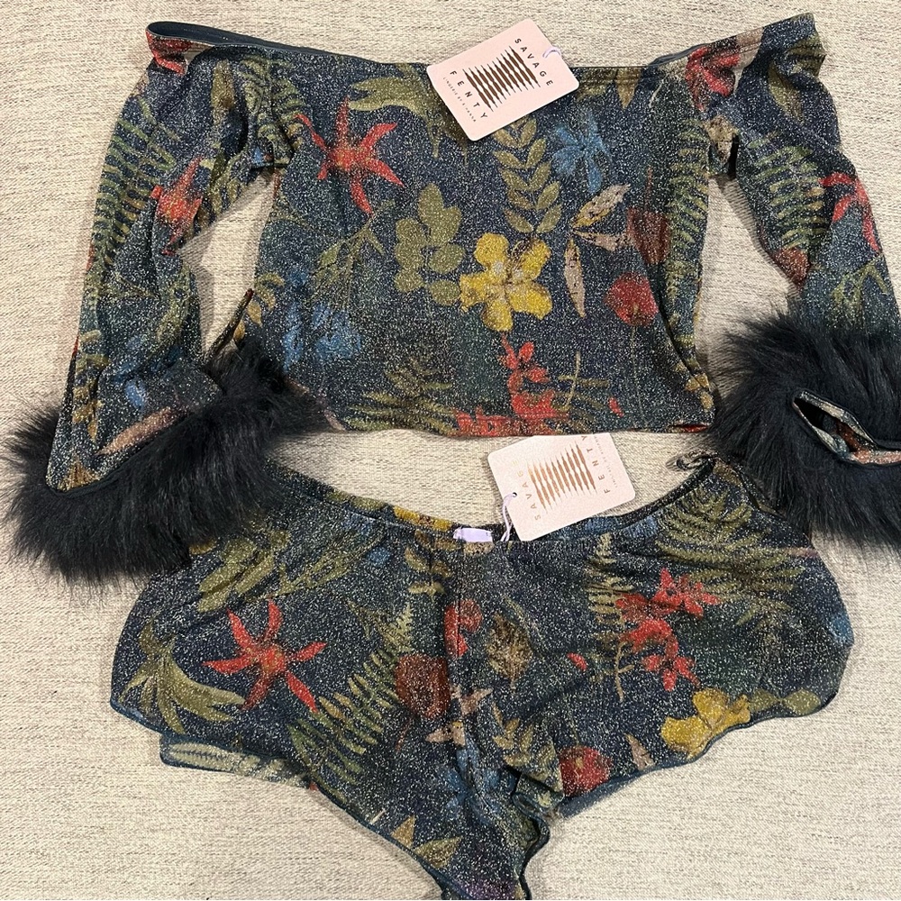 Savage X Fenty Floral Sparkly Sheer Lingerie Set with Fuzzy Sleeves